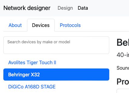 The main navigation of thepage shows Design in light grey, and Data in dark grey.

A second tier of tabs indicates that Devices is selected, while About and Protocols are available.

A third tier navigation list has three devices listed, with the selected device highlighed with a blue background.