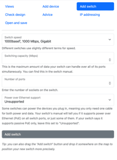 The Add Switch tool pane includes five configuration options, each one has descriptive text underneath to define any terms which the user may be unfamiliar with.