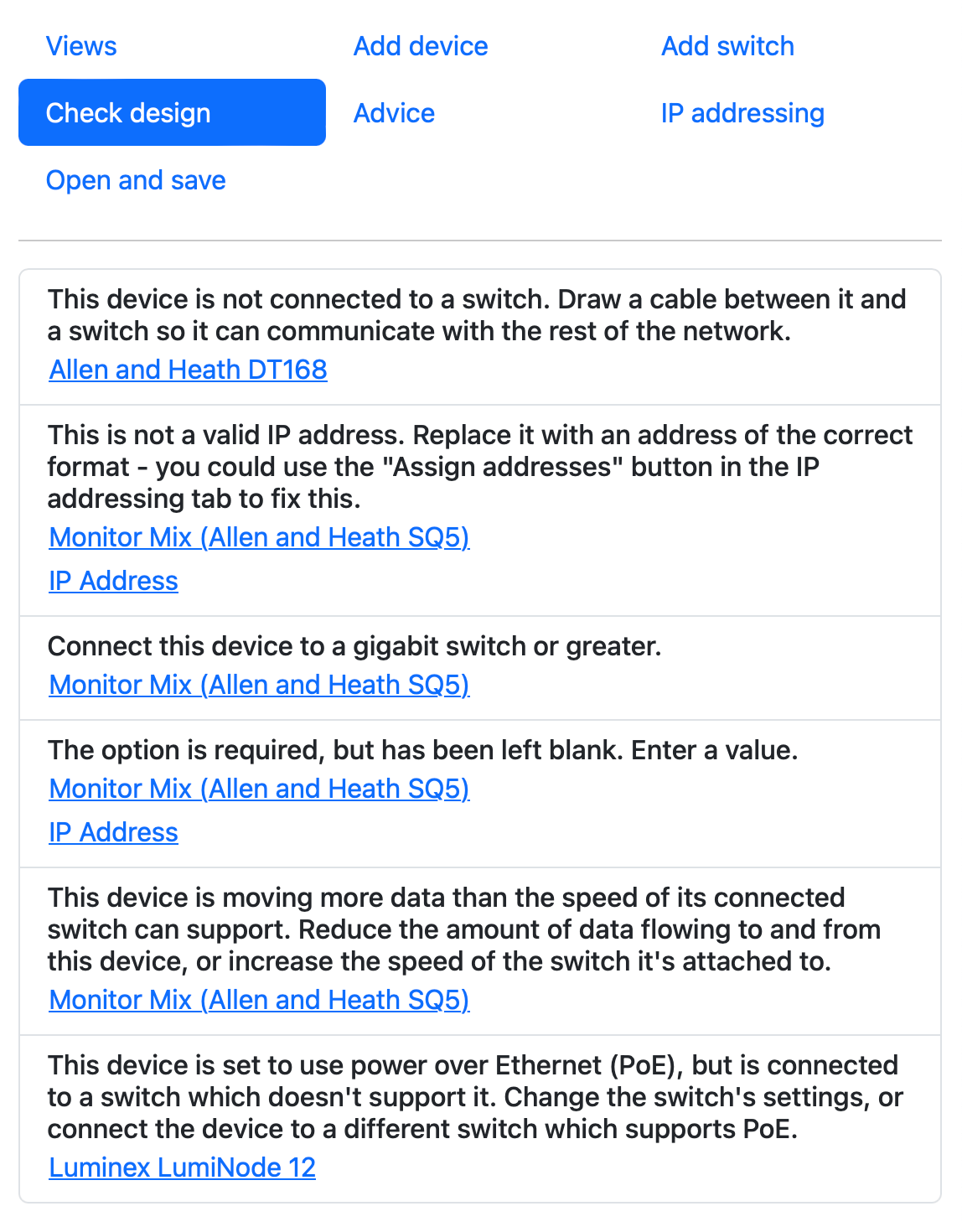 The Check Design tool pane shows six issues, including disconnected devices and invalid settings.