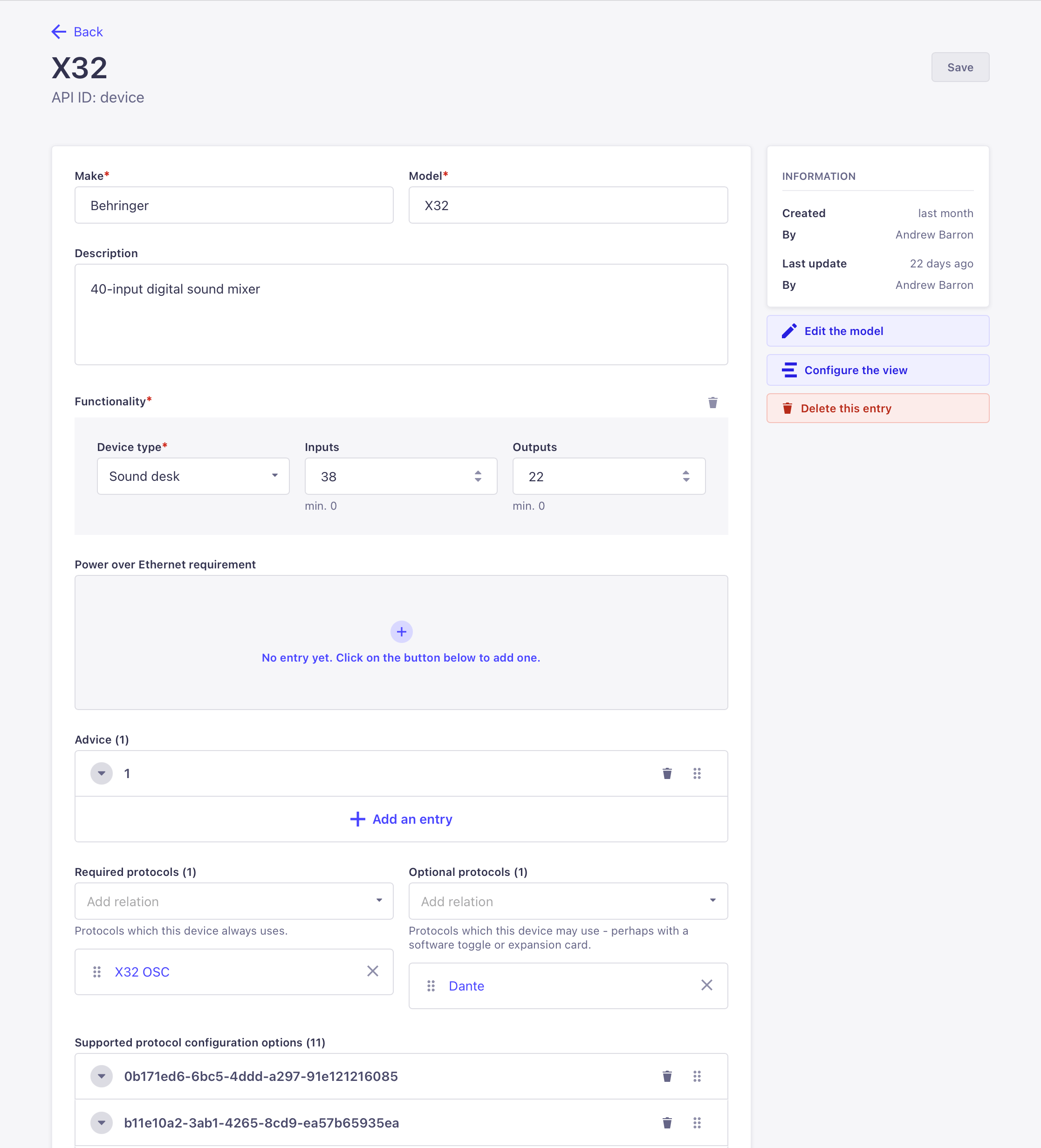 Behinger X32’s data is shown in the database admin interface. This interface is a form which includes fields for device info, PoE, inputs, outputs, type, protocol support, config options.