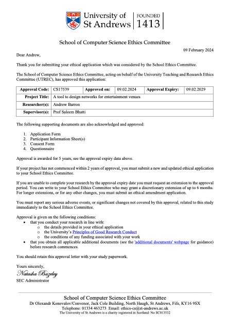 Ethical approval awarded for 5 years from 9 Feb 2024 based on applicaiton form, participant information sheet, consent form, and questionnaire. Text-only version of this approval letter available upon request.