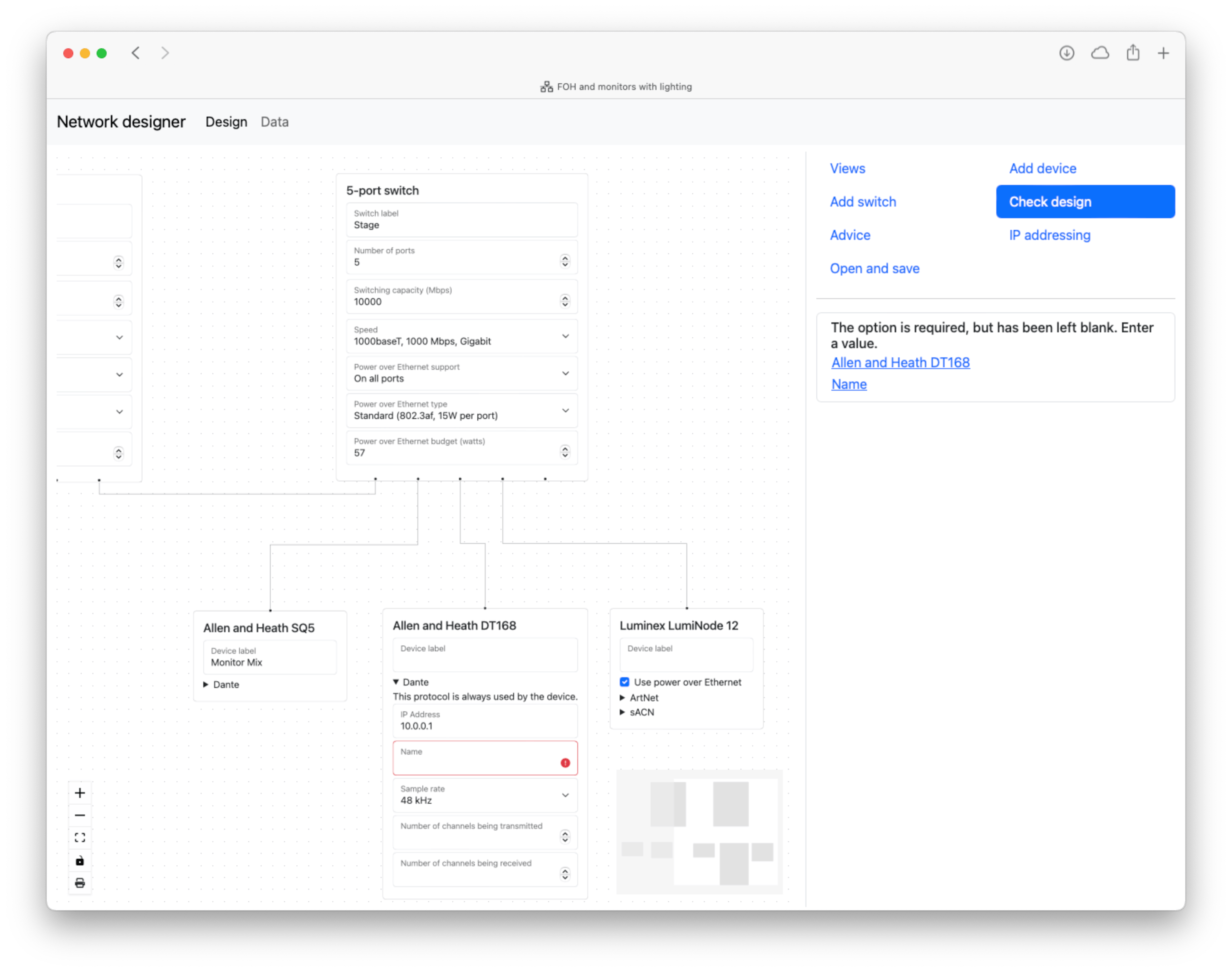 The tool shows a map on the left and the Check design tool pane indicates Allen and Heath A168D is missing a required name.