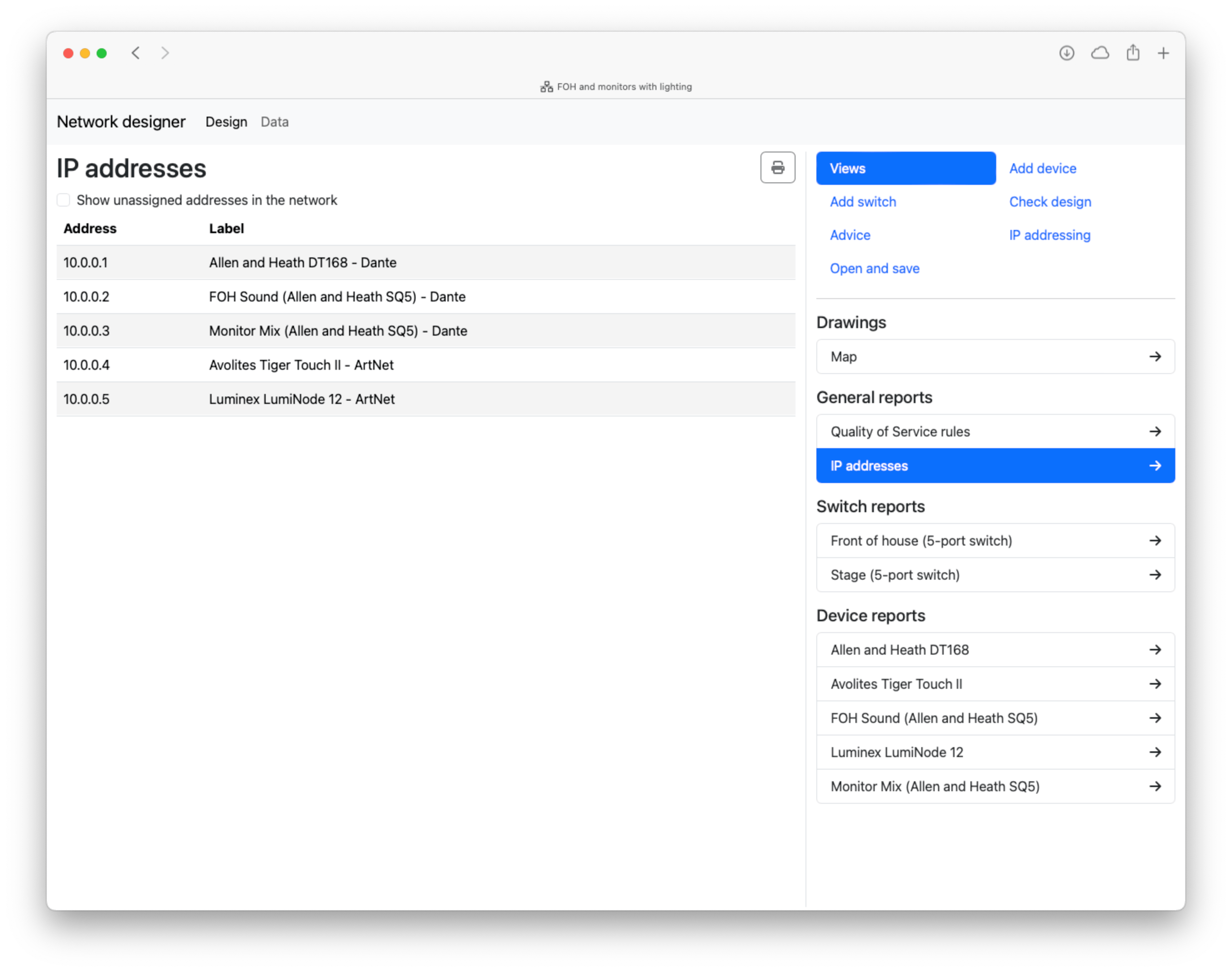 The Views tool pane is open and the IP Addresses report selected. The map on the left of the tool has been replaced with a list of all devices in the network and their IP addresses. There is a Print button at the top of the report.
