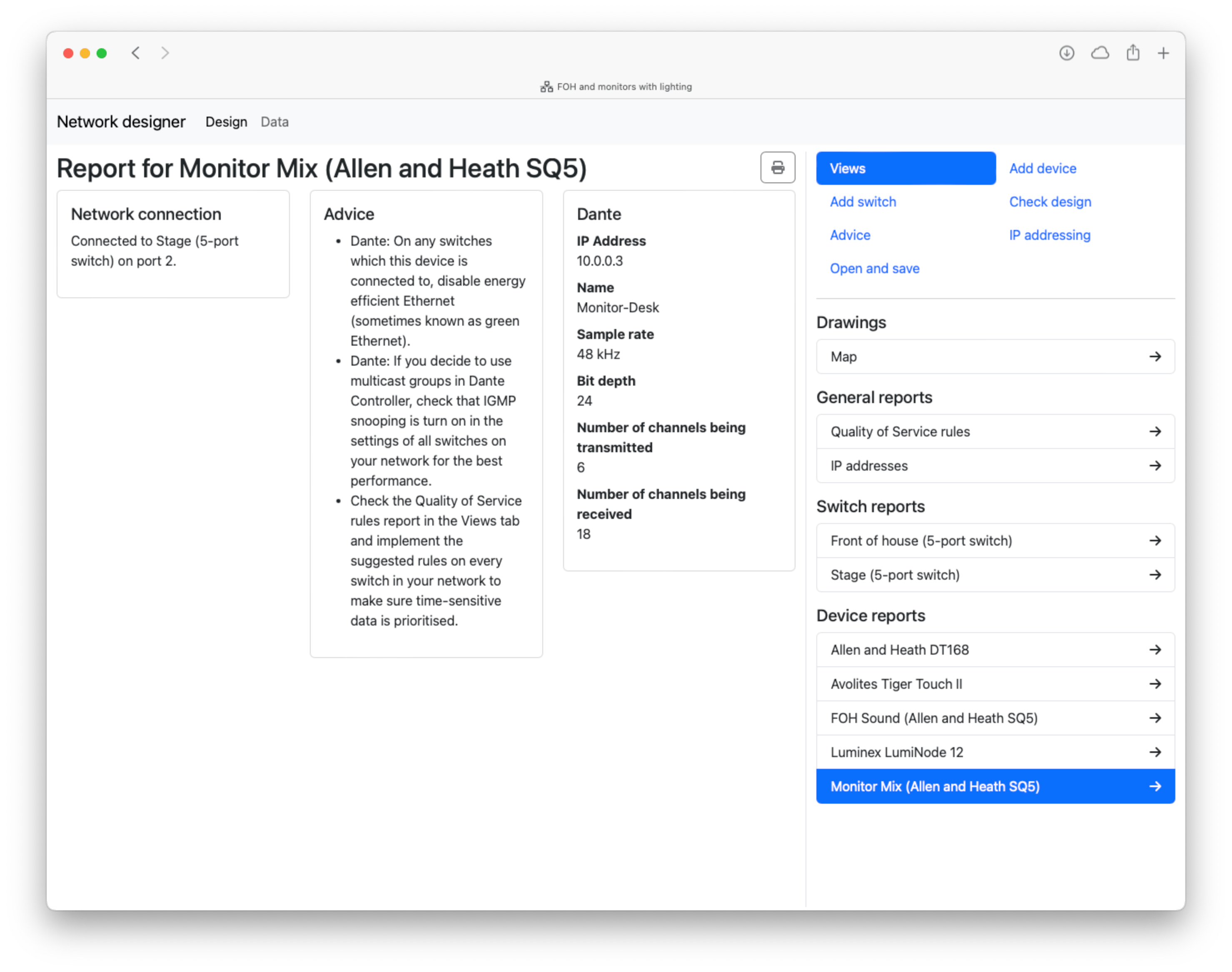 The Views tool pane is open and a Device Report is selected. The map on the left of the tool has been replaced with information about a single selected device, including advice which applies to it, where it should be connected to the network, and protocol configuration settings. There is a Print button at the top of the report.