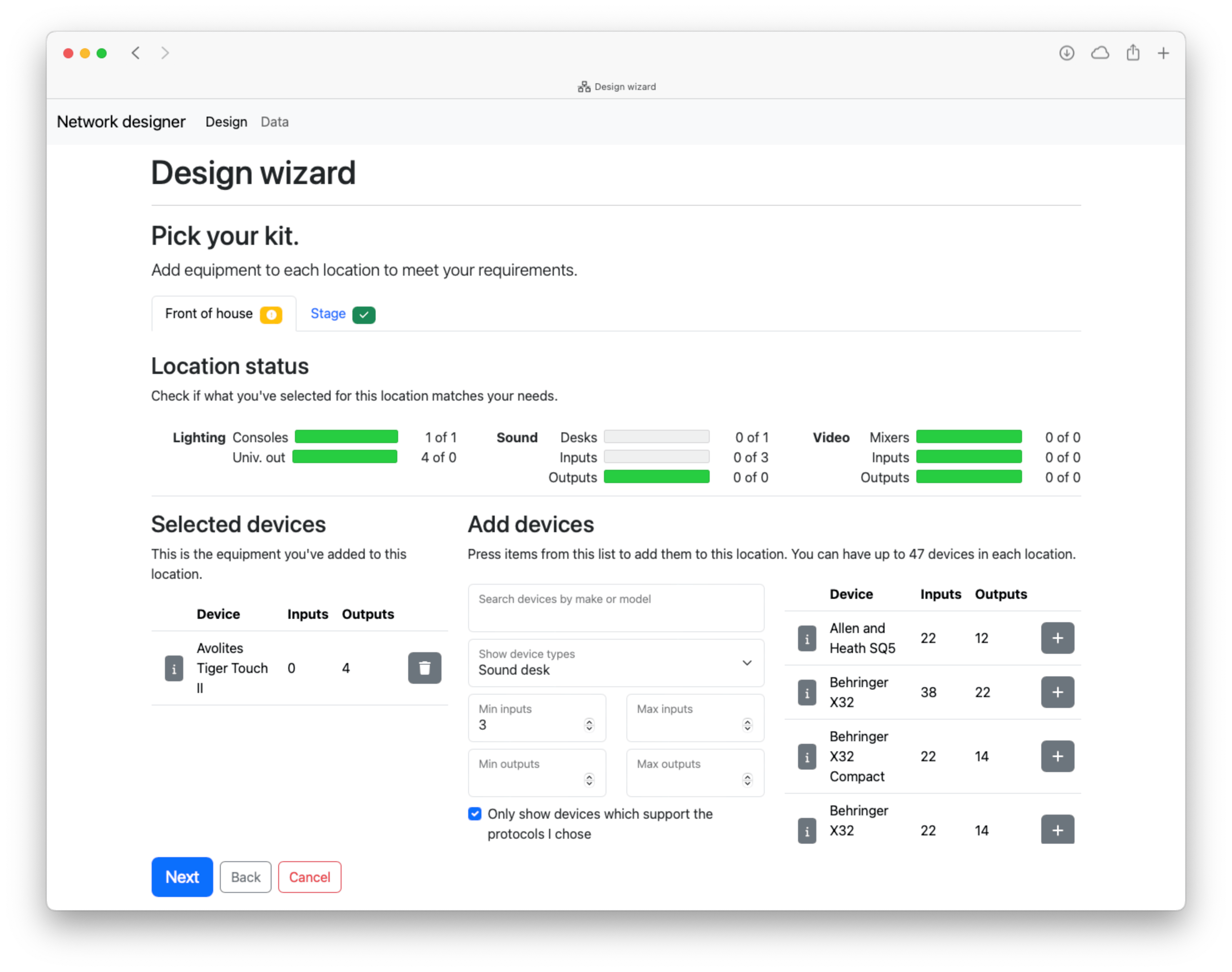 The Design Wizard UI invites the user to pick their kit. There is a tab for each location which requires equipment. In each tab, progress meters show how much of the IO requirement is met for that location. Underneath, there is a list of devices assigned to that location and other devices available in the tool. Available devices can be filtered by name, type, input or output types, and protocol support.