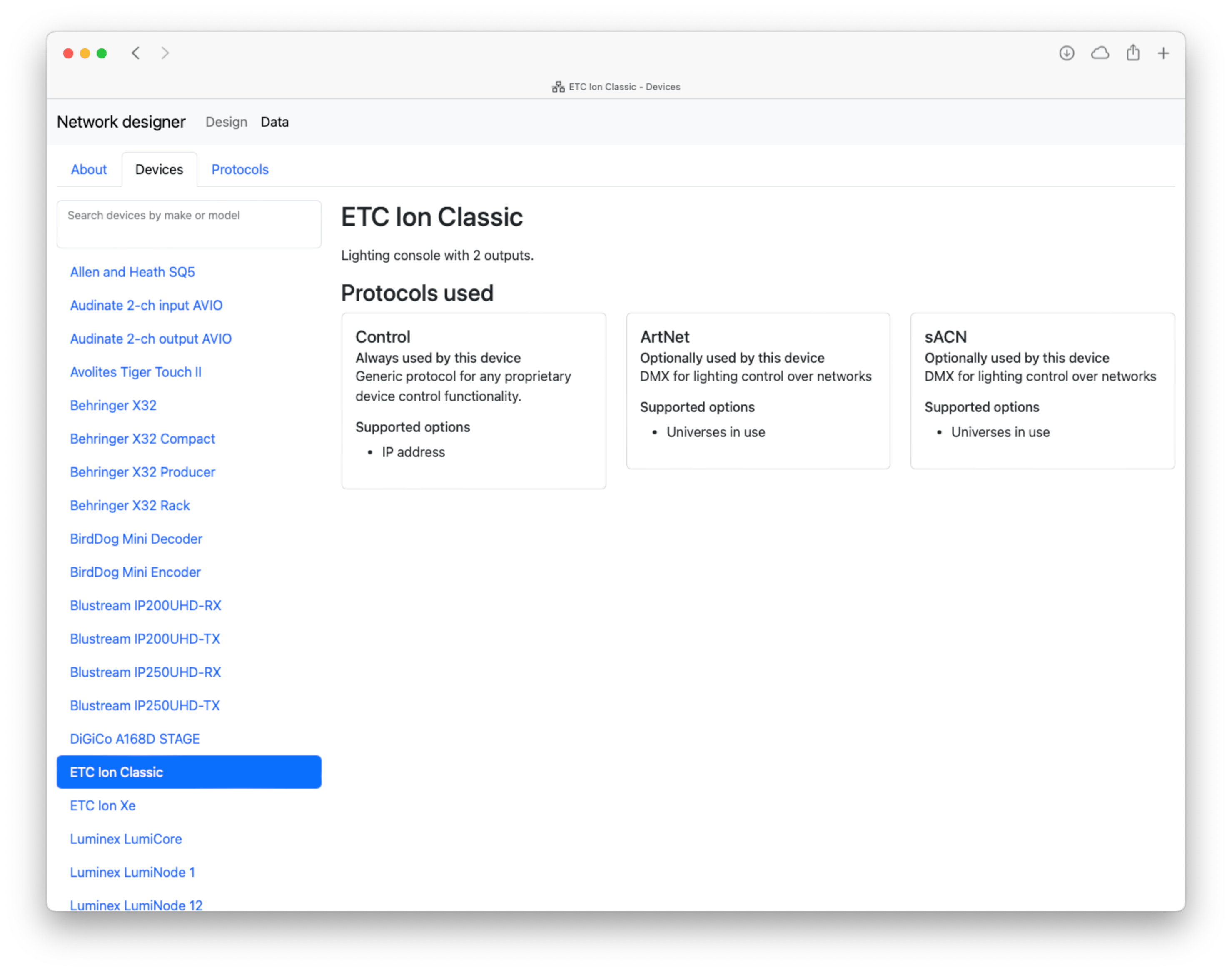 In the Data section of the tool, ETC Ion Classic’s device has been selected. The tool shows the device type and IO availability, as well as what protocols are always or optionally used by the device, what those protocols do, and any supported configuration options.