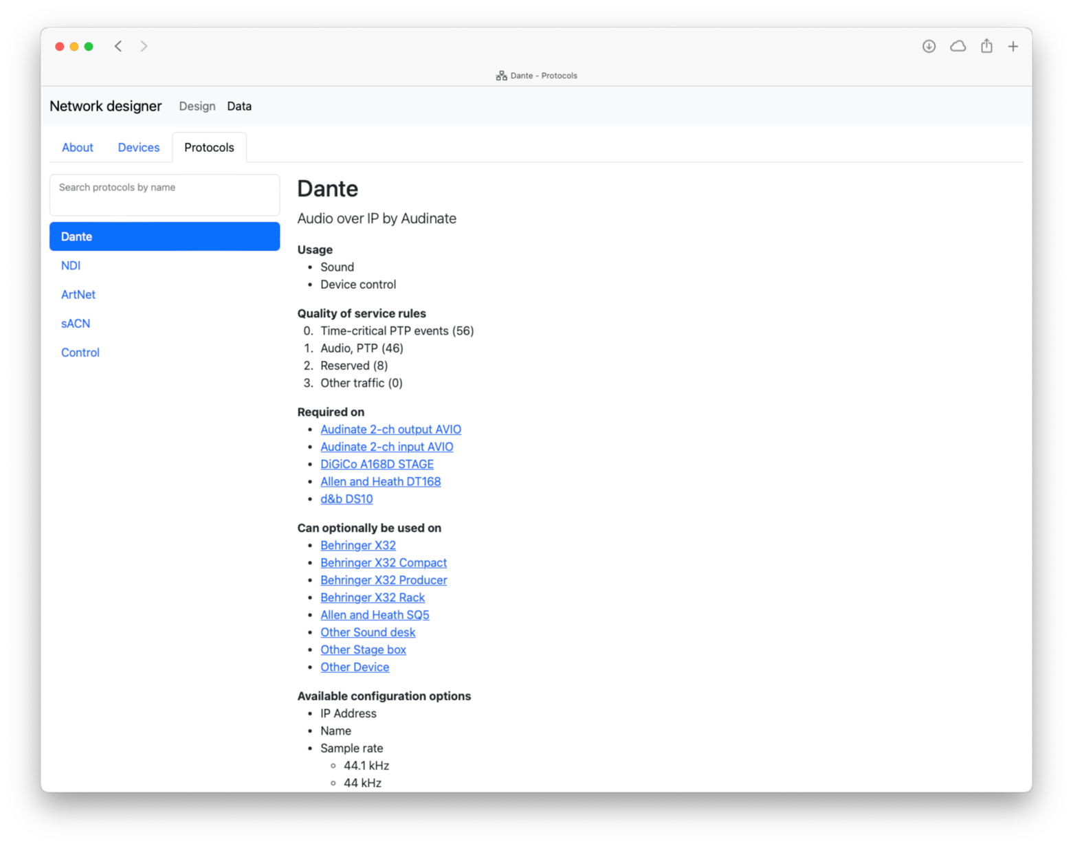 In the Data section of the tool, the Dante protocol has been selected. The tool displays a description of the protocol, what it can be used for, QoS rules, a list of devices which require and optionally use this protocol, and any available configuration options.
